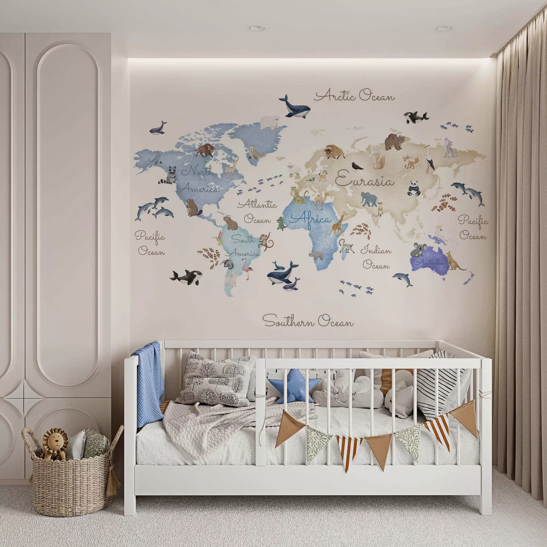 wall murals Плава мапа у акварелу са животињама. Ознаке на енглеском језику. c00012env1