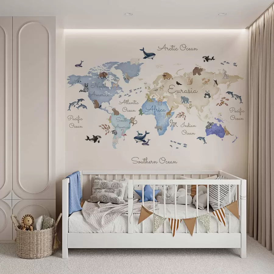 wall murals Плава мапа у акварелу са животињама. Ознаке на енглеском језику. c00012env1