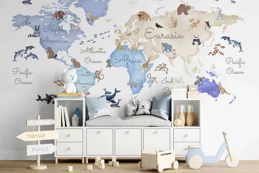 wall murals Плава мапа у акварелу са животињама. Ознаке на енглеском језику. c00012env1