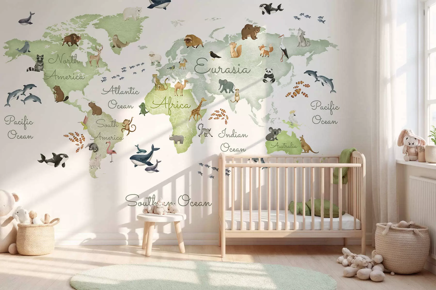 wall murals Зелена мапа у акварелу са животињама. Ознаке на енглеском језику. c00012env2