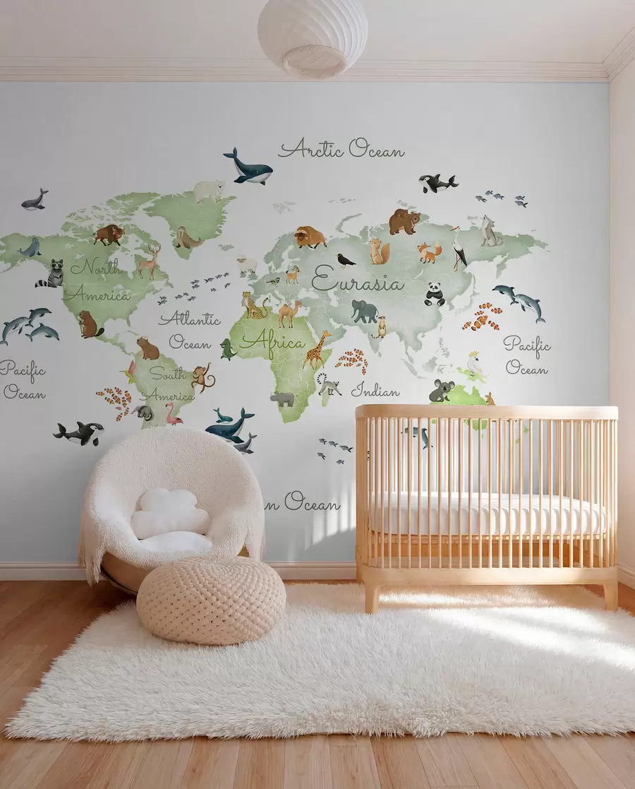 wall murals Зелена мапа у акварелу са животињама. Ознаке на енглеском језику. c00012env2