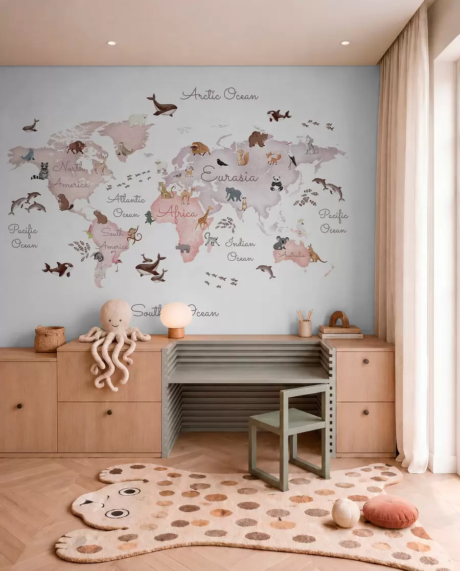 wall murals Беж мапа у акварелу са животињама. Ознаке на енглеском језику. c00012env3