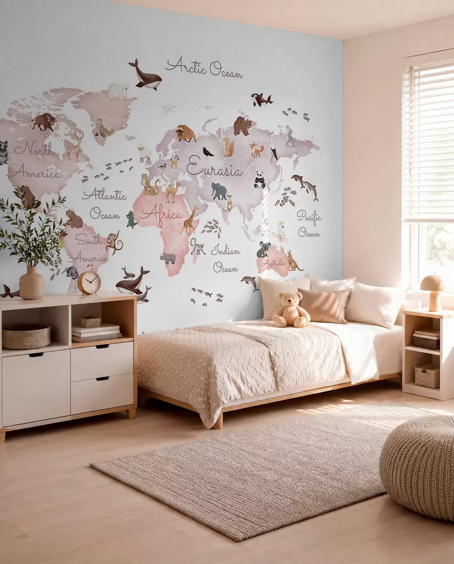 wall murals Беж мапа у акварелу са животињама. Ознаке на енглеском језику. c00012env3