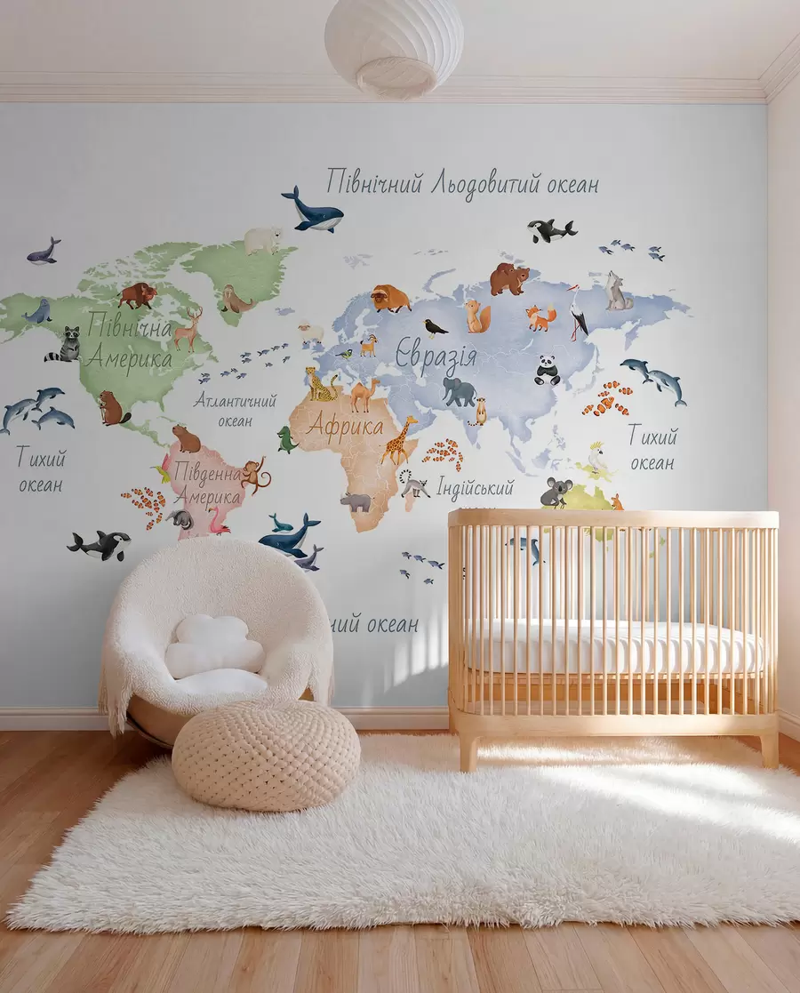 wall murals Мапа у боји у акварелу са животињама. Ознаке на украјинском језику. c00012uk