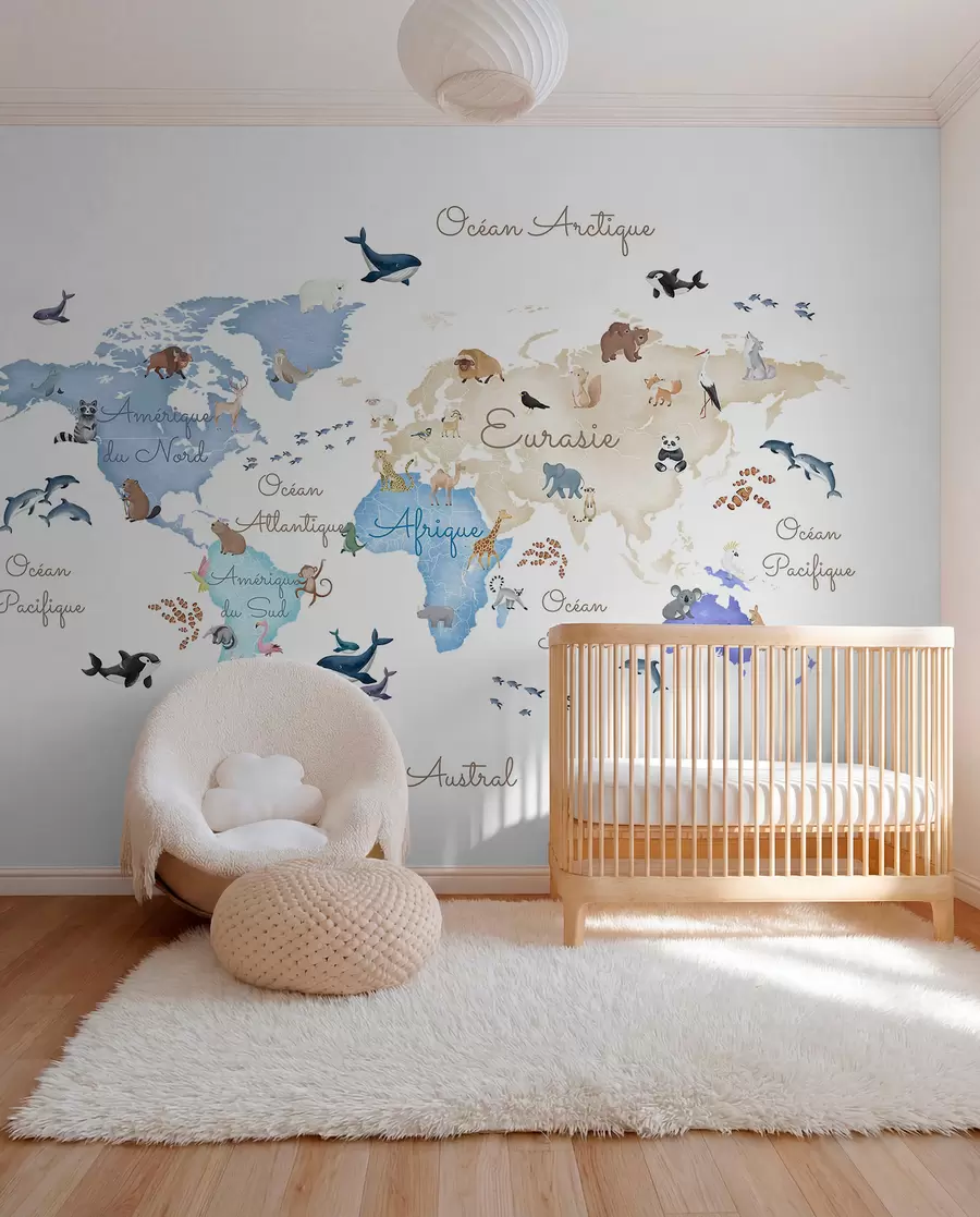 wall murals Плава мапа у акварелу са животињама. Ознаке на француском. c00012frv1