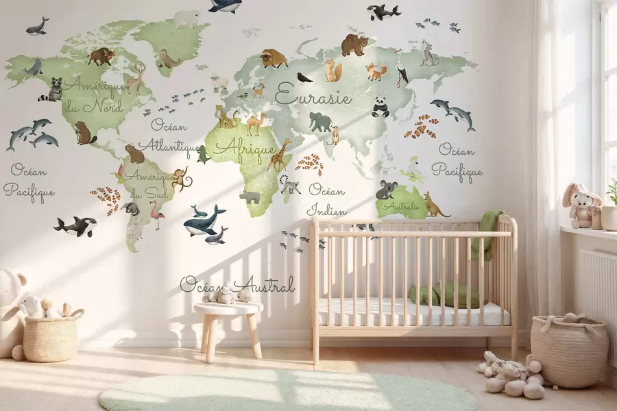 wall murals Зелена мапа у акварелу са животињама. Ознаке на француском. c00012frv2