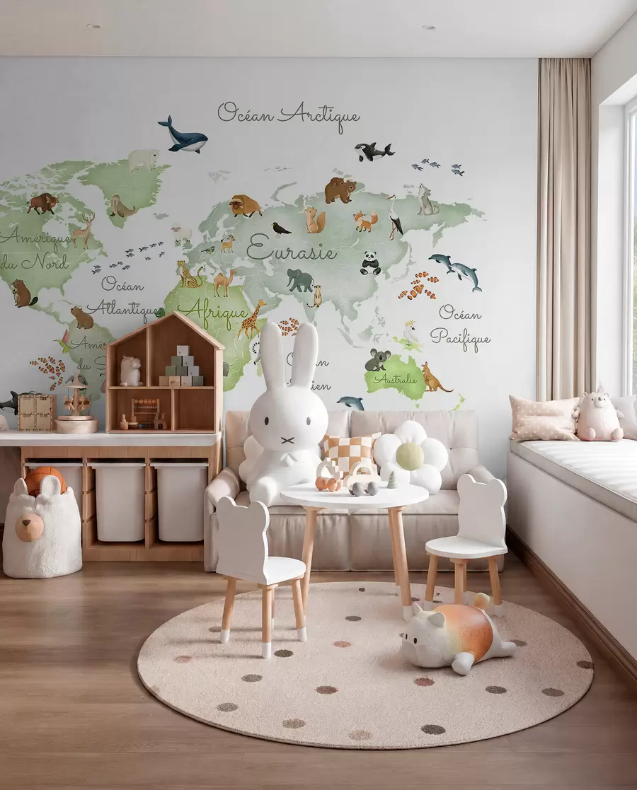 wall murals Зелена мапа у акварелу са животињама. Ознаке на француском. c00012frv2