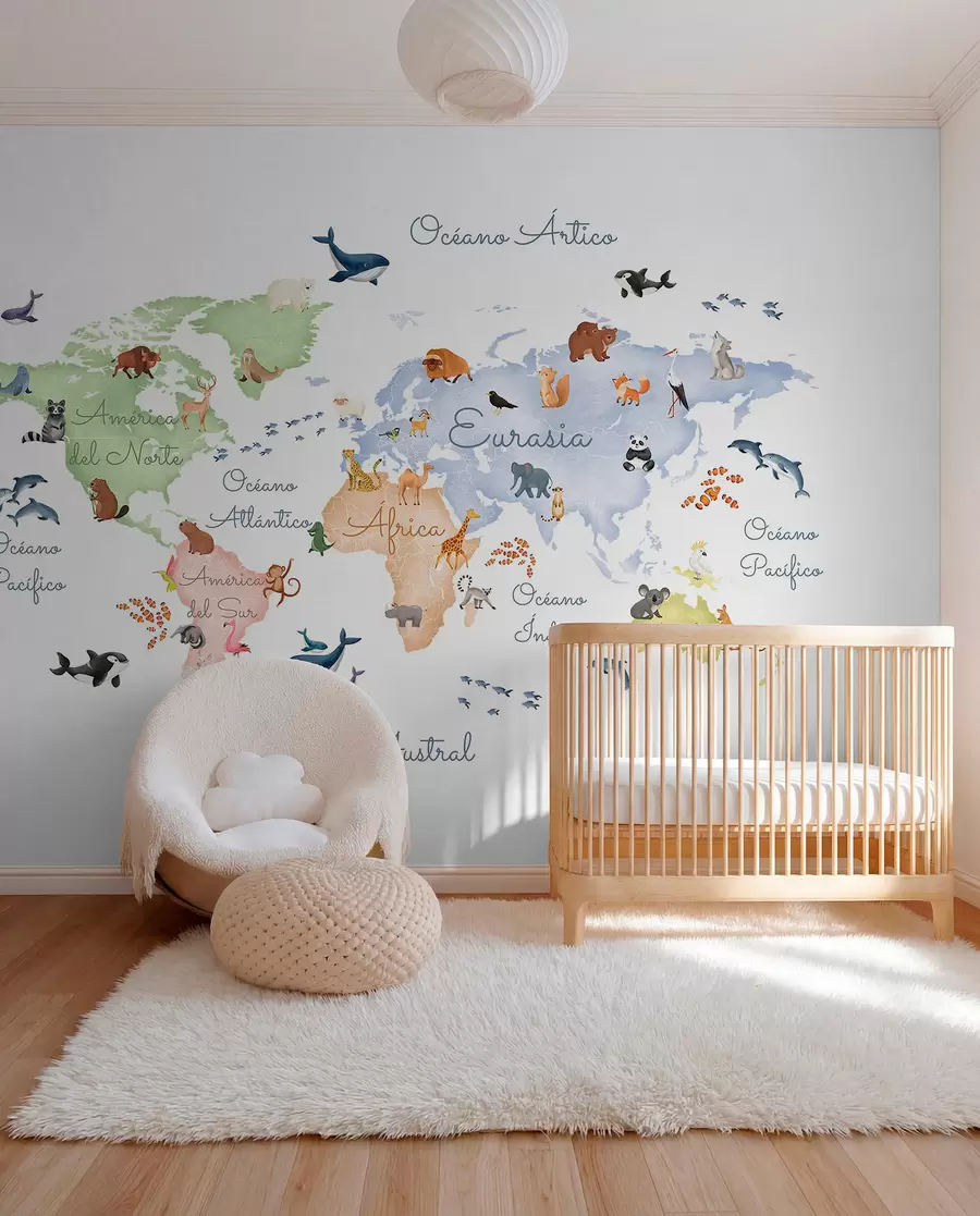 wall murals Мапа у боји у акварелу са животињама. Ознаке на шпанском. c00012es
