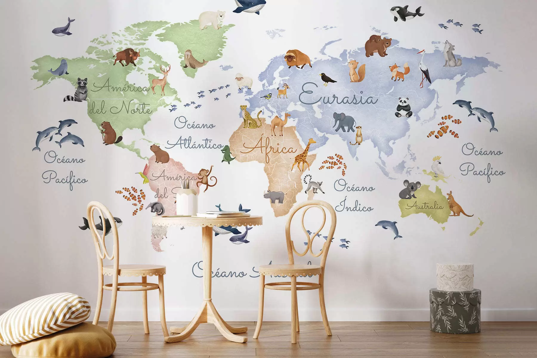 wall murals Мапа у боји у акварелу са животињама. Ознаке на шпанском. c00012es