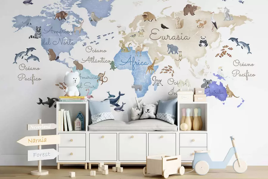 wall murals Плава мапа у акварелу са животињама. Ознаке на шпанском. c00012esv1