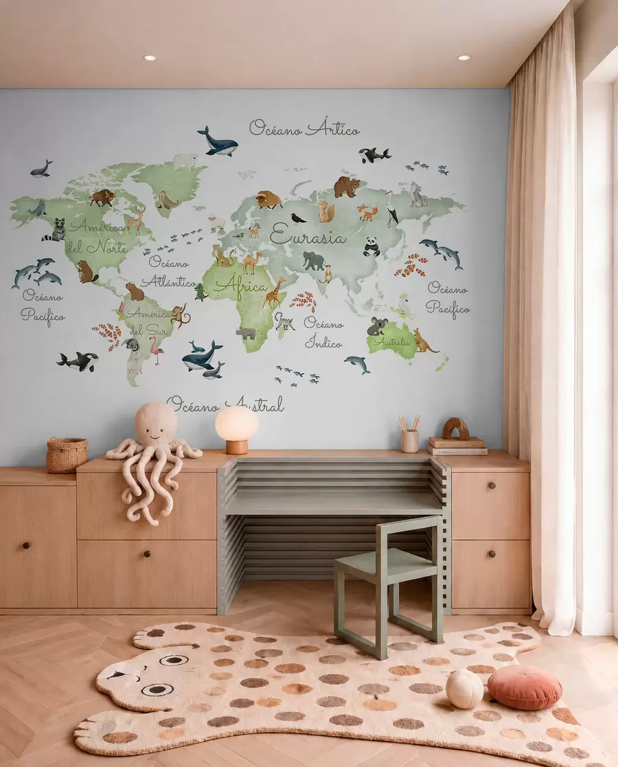 wall murals Зелена мапа у акварелу са животињама. Ознаке на шпанском. c00012esv2