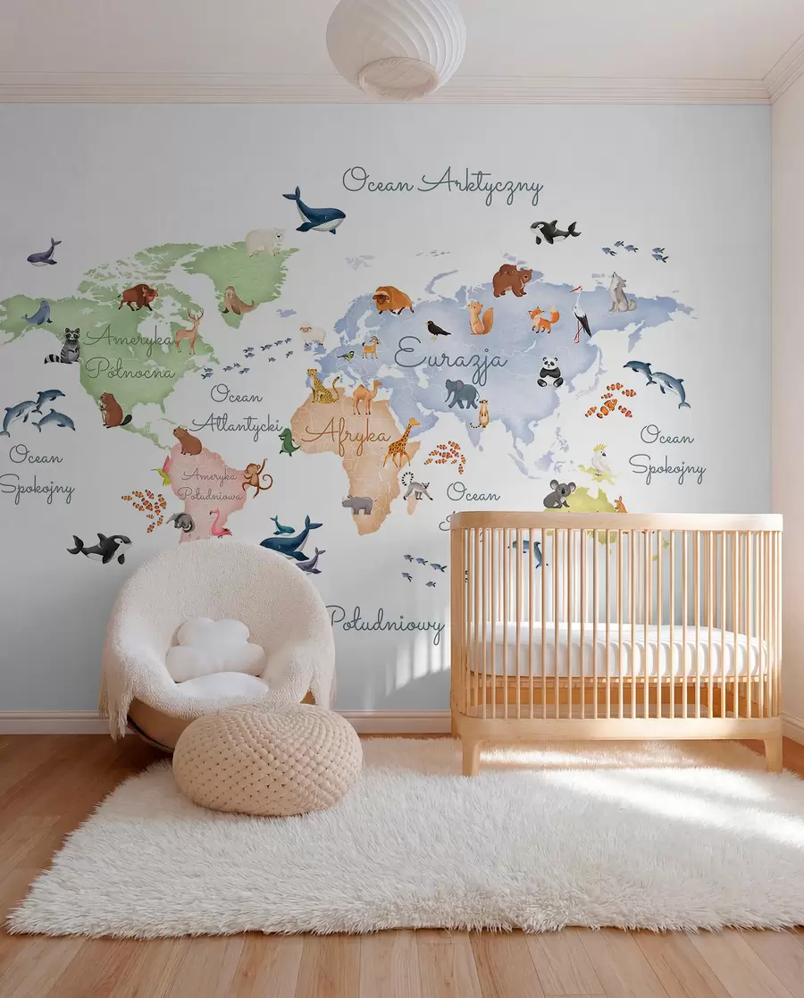 wall murals Мапа у боји у акварелу са животињама. Ознаке на пољском језику. c00012pl