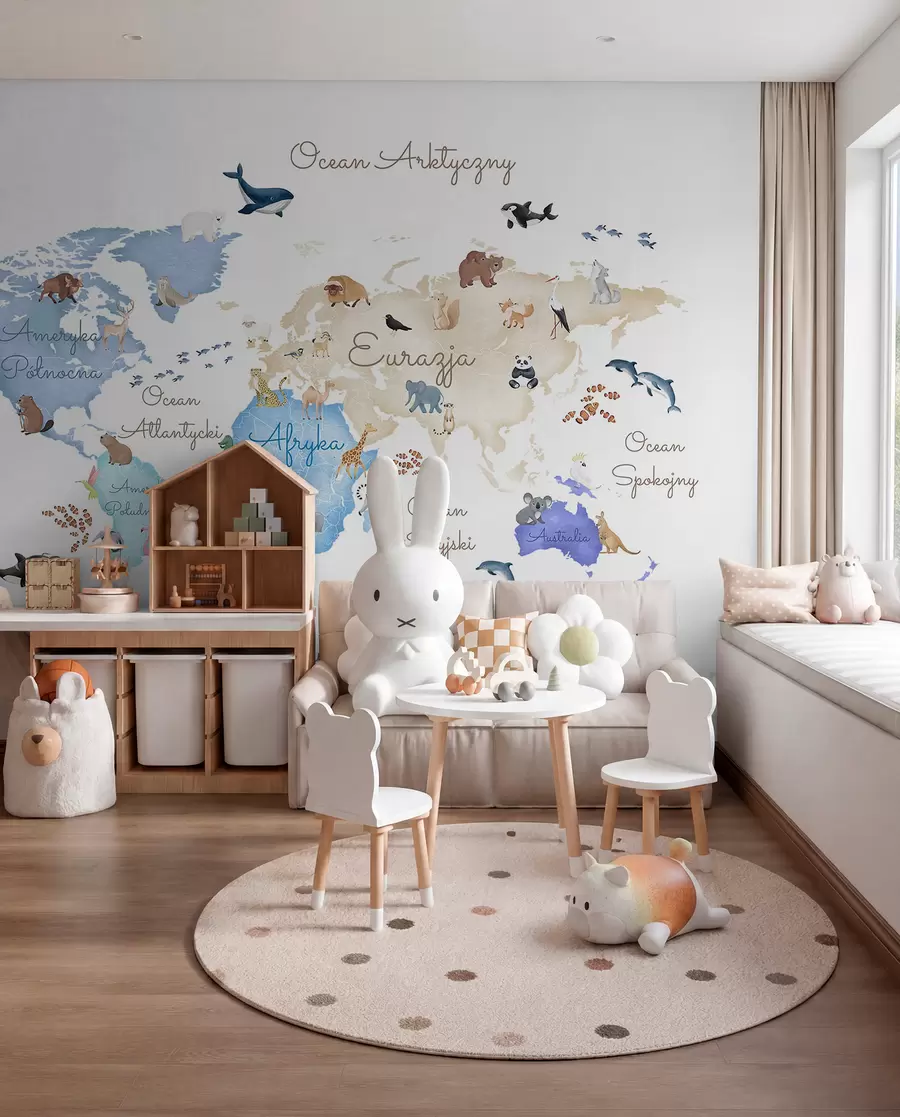 wall murals Плава мапа у акварелу са животињама. Ознаке на пољском. c00012plv1