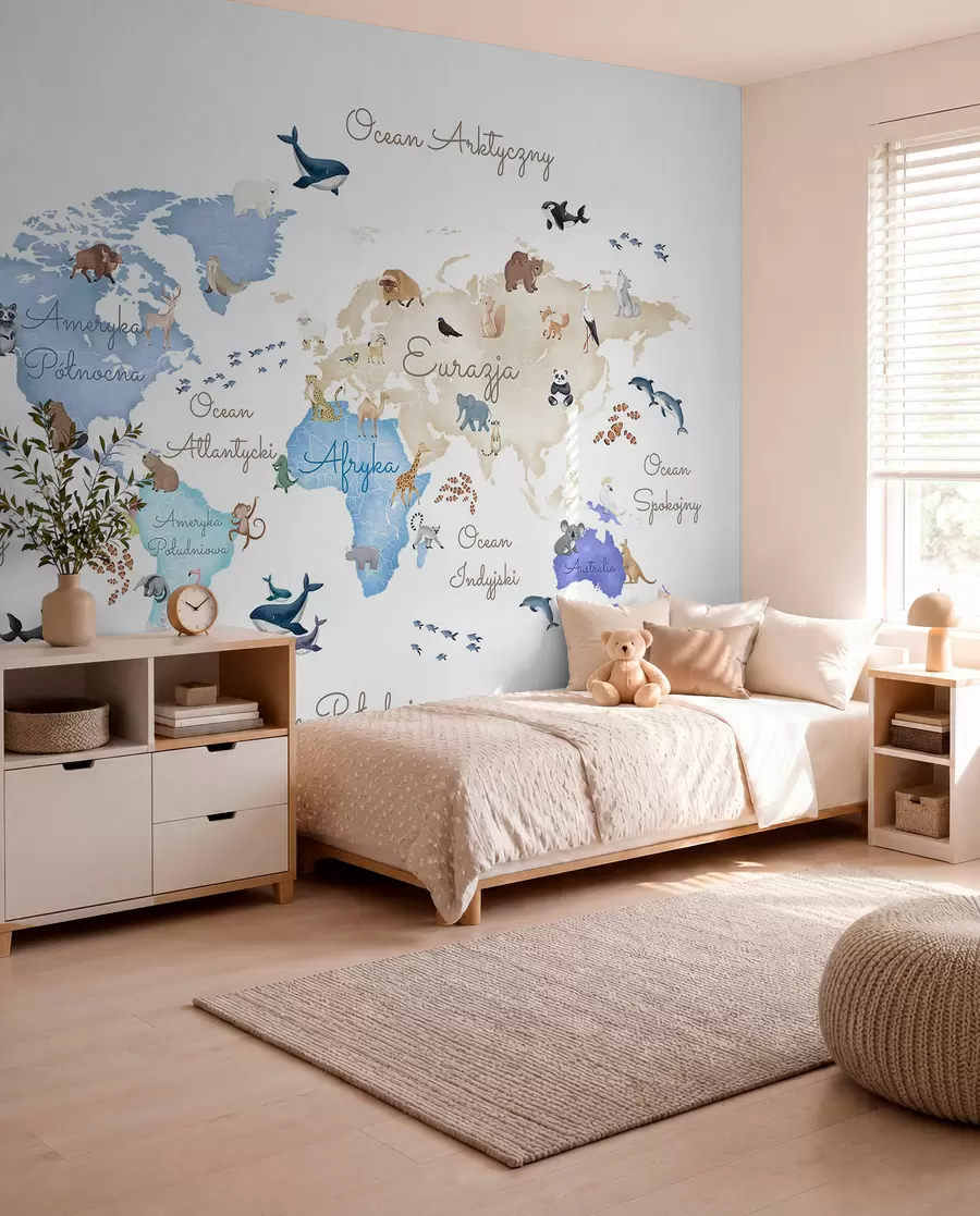 wall murals Плава мапа у акварелу са животињама. Ознаке на пољском. c00012plv1