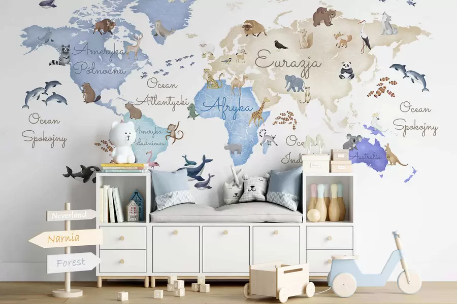 wall murals Плава мапа у акварелу са животињама. Ознаке на пољском. c00012plv1