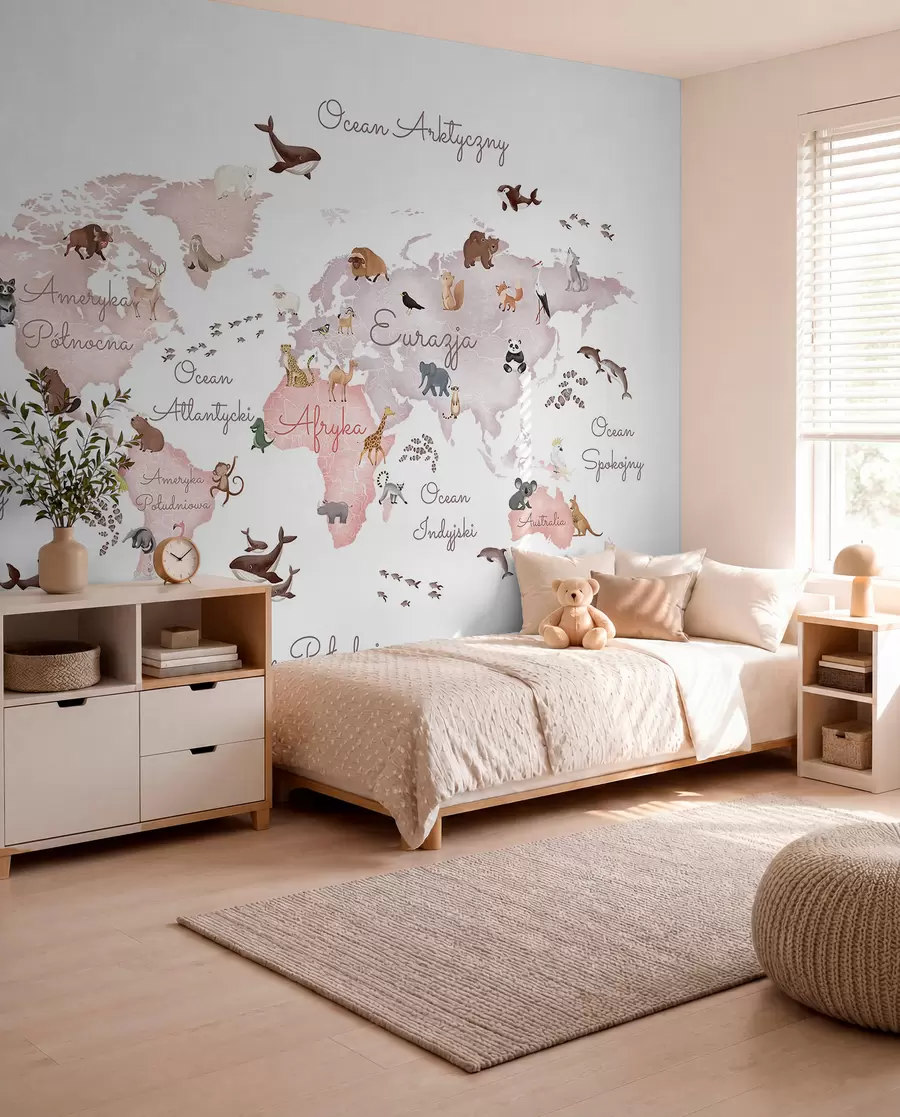 wall murals Беж мапа у акварелу са животињама. Ознаке на пољском. c00012plv3