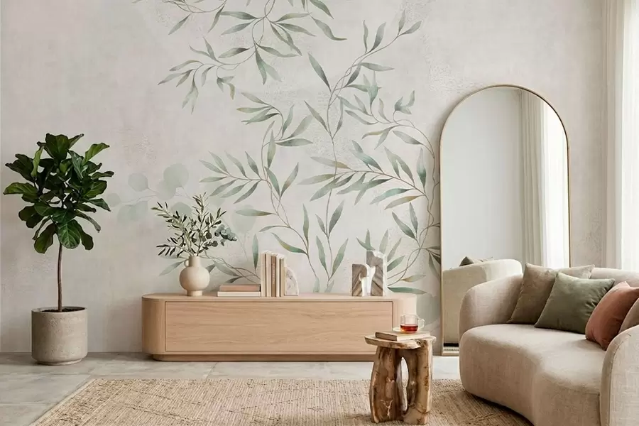 wall murals Нежни ботанички узорак са танким гранама на светлој позадини w05424