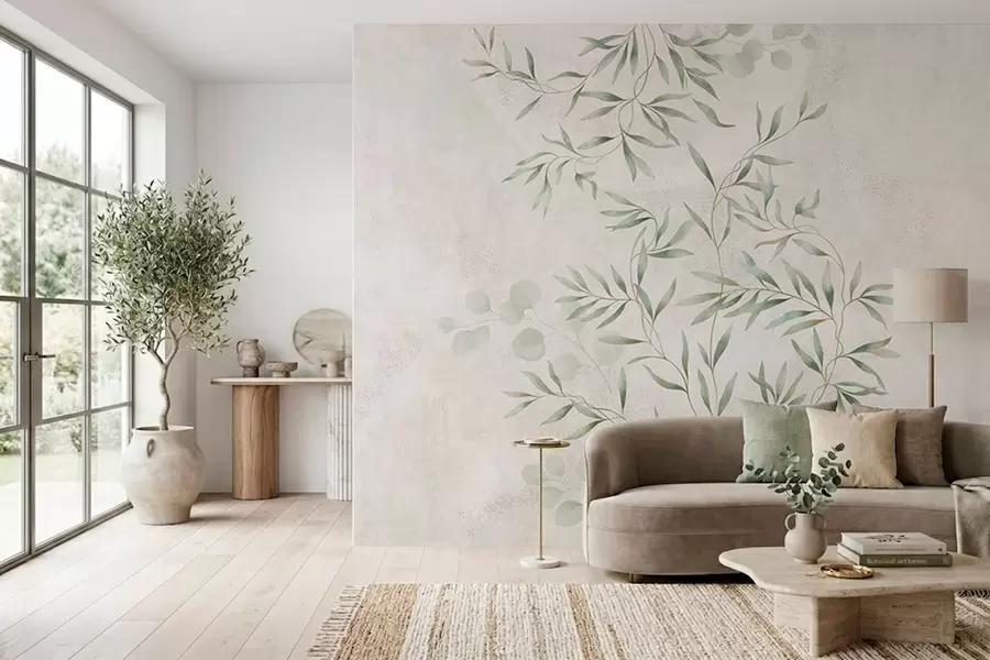 wall murals Нежни ботанички узорак са танким гранама на светлој позадини w05424