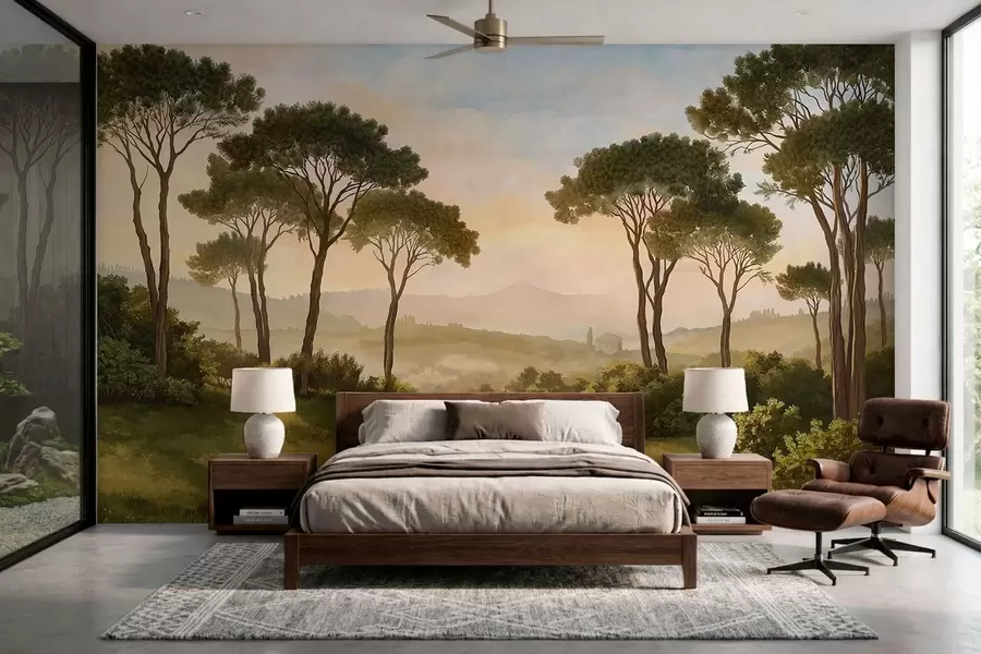 wall murals Пејзаж са дрвећем у топлој светлости заласка сунца w05122