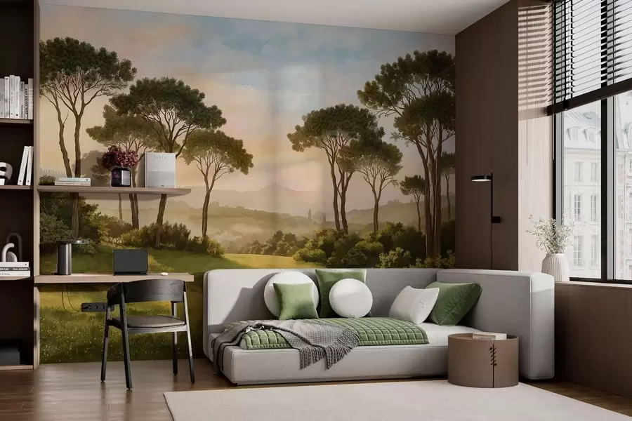 wall murals Пејзаж са дрвећем у топлој светлости заласка сунца w05122