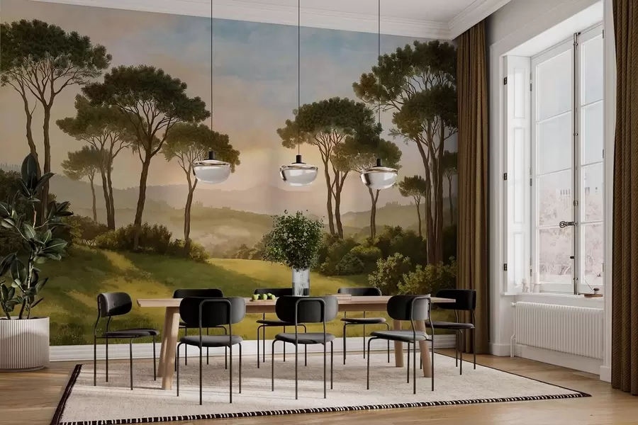 wall murals Пејзаж са дрвећем у топлој светлости заласка сунца w05122