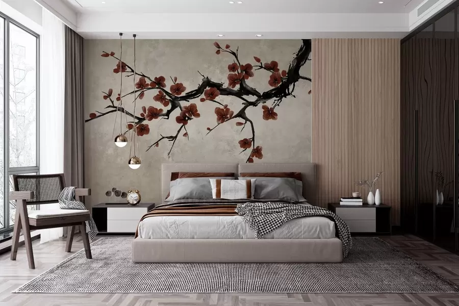 wall murals Грана са тамноцрвеним цветовима на неутралној позадини w05425v1