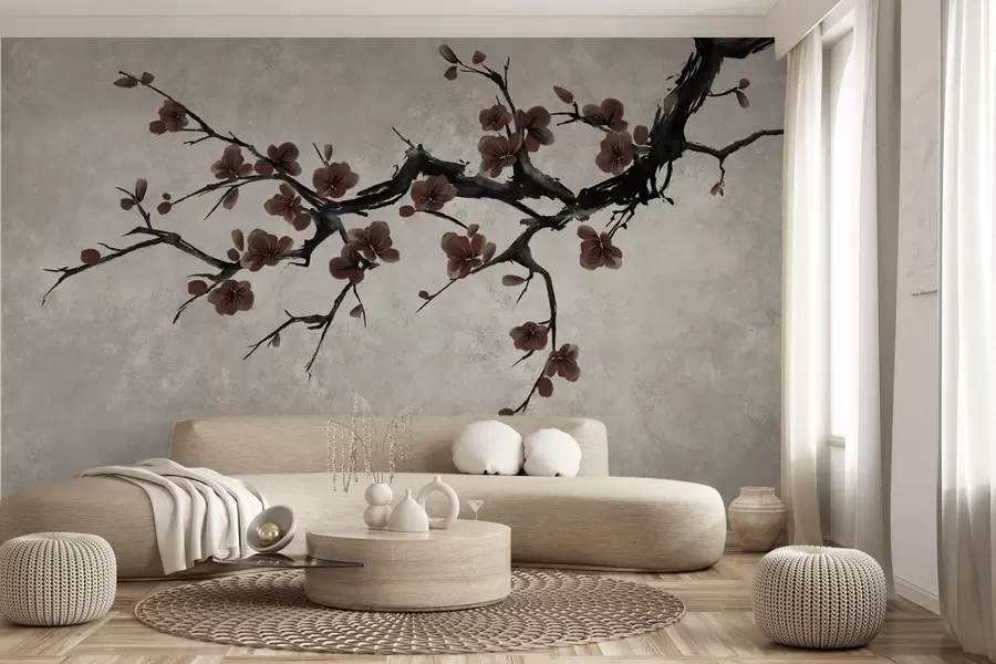 wall murals Грана са тамноцрвеним цветовима на неутралној позадини w05425v1