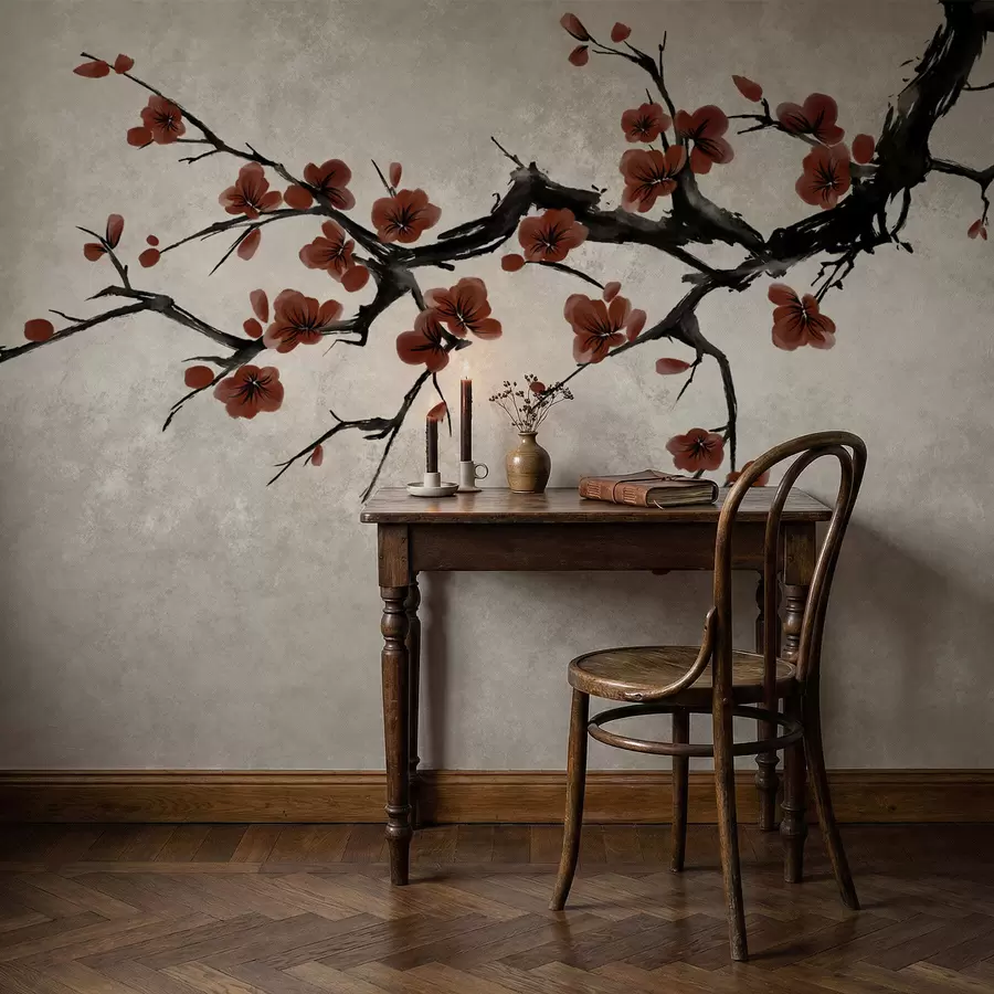 wall murals Грана са тамноцрвеним цветовима на неутралној позадини w05425v1