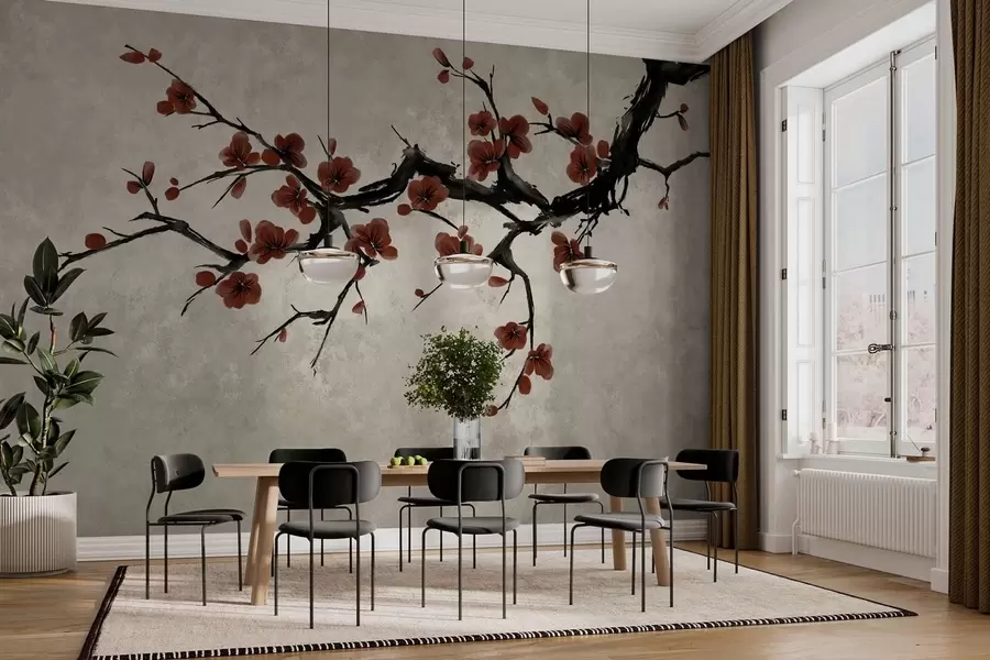 wall murals Грана са тамноцрвеним цветовима на неутралној позадини w05425v1
