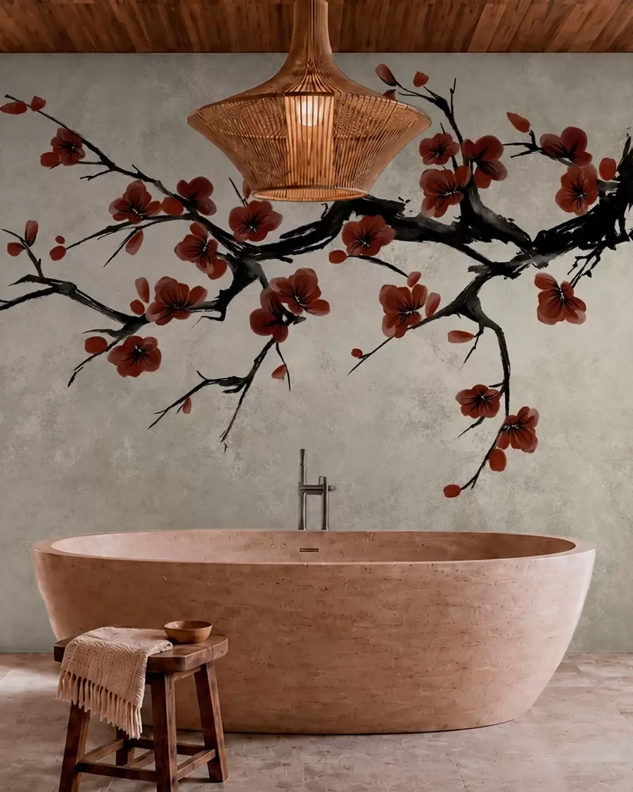 wall murals Грана са тамноцрвеним цветовима на неутралној позадини w05425v1