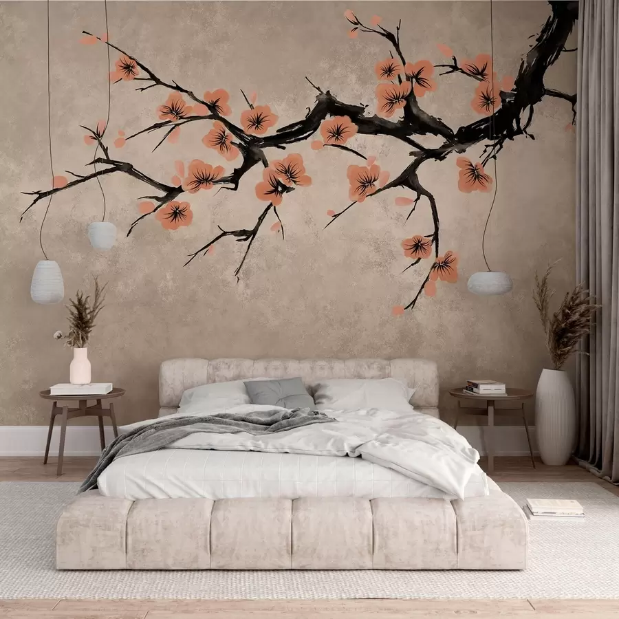 wall murals Грана са цветовима брескве на текстурираној позадини w05425v3