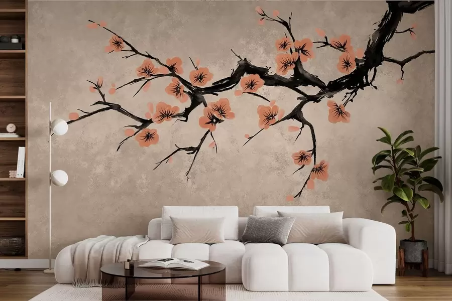 wall murals Грана са цветовима брескве на текстурираној позадини w05425v3