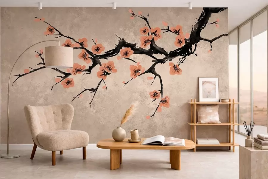 wall murals Грана са цветовима брескве на текстурираној позадини w05425v3