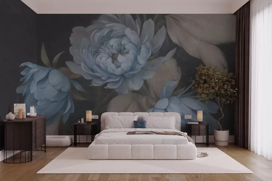 wall murals Текстурирани светлоплави цветови божура са беж листовима на тамној позадини w09751