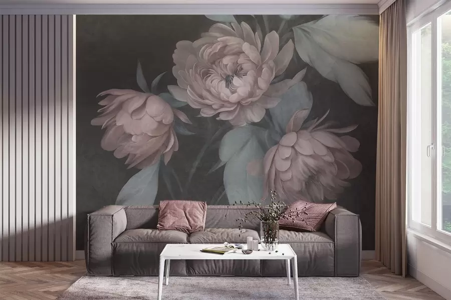 wall murals Текстурирани светло ружичасти цветови божура са пригушеним зеленим листовима на тамној позадини w09751v1