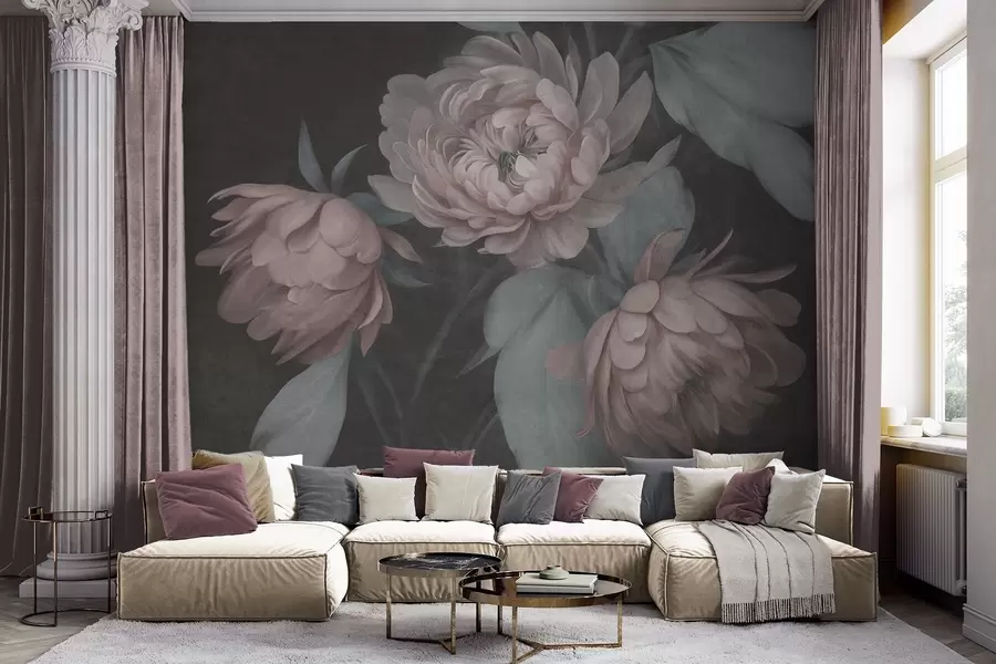 wall murals Текстурирани светло ружичасти цветови божура са пригушеним зеленим листовима на тамној позадини w09751v1