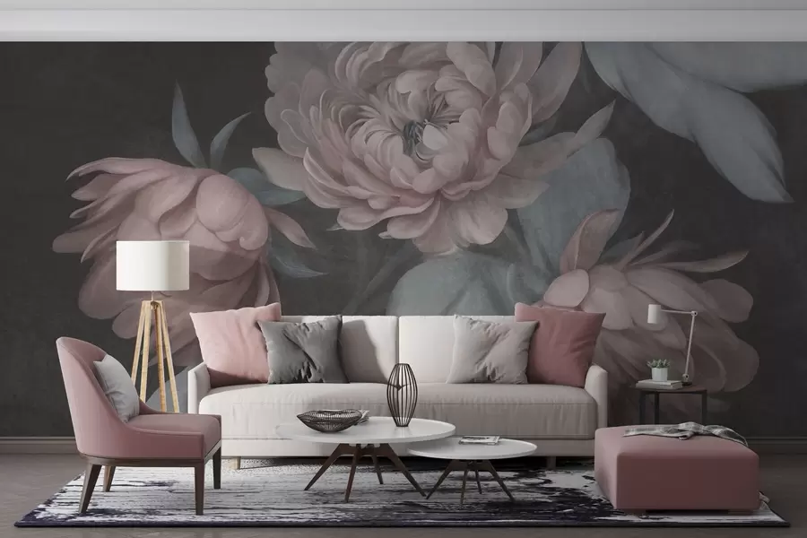 wall murals Текстурирани светло ружичасти цветови божура са пригушеним зеленим листовима на тамној позадини w09751v1