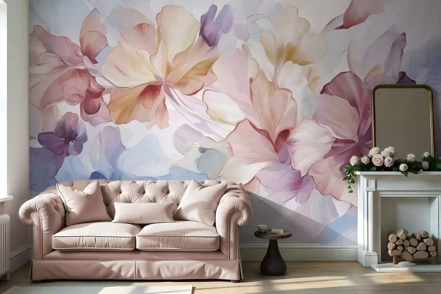 wall murals Апстрактни фантастични цветови у нијансама ружичасте, брескве и лаванде у стилу сликања, текстурирана уметност w09767