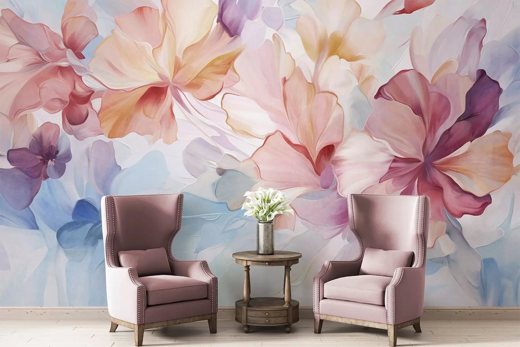 wall murals Апстрактни фантастични цветови у нијансама ружичасте, брескве и лаванде у стилу сликања, текстурирана уметност w09767