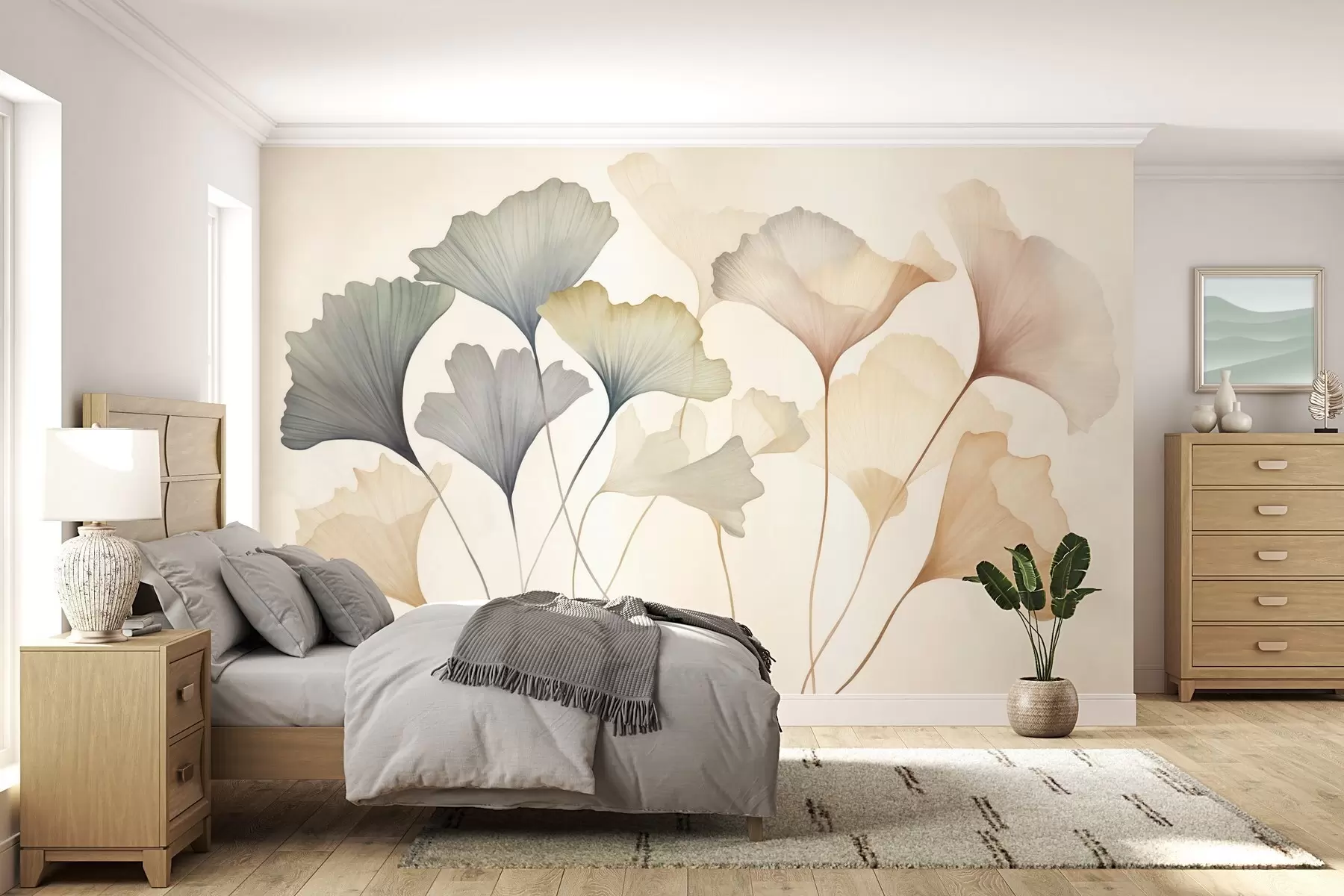 wall murals Апстрактни листови гинка у пригушеним пастелним бојама попут плаве, зелене и брескве, текстурирана уметност w09810