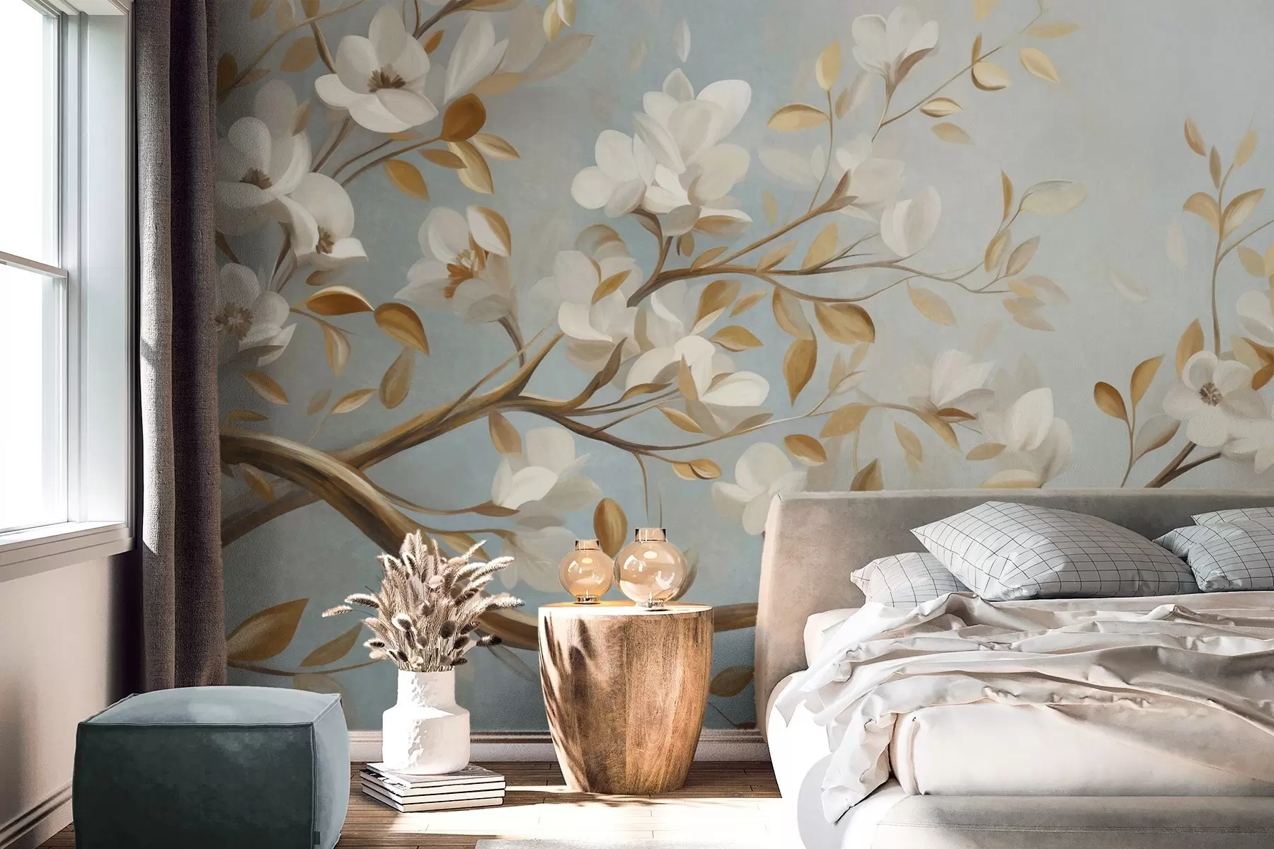 wall murals Текстурирана грана дрвета са белим цвећем и жутим листовима, винтаге стил w09814