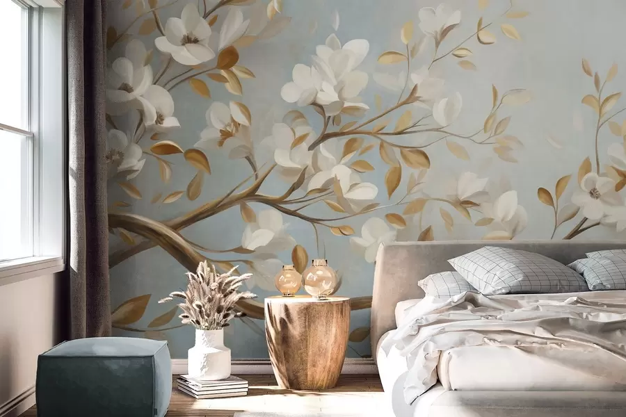 wall murals Текстурирана грана дрвета са белим цвећем и жутим листовима, винтаге стил w09814