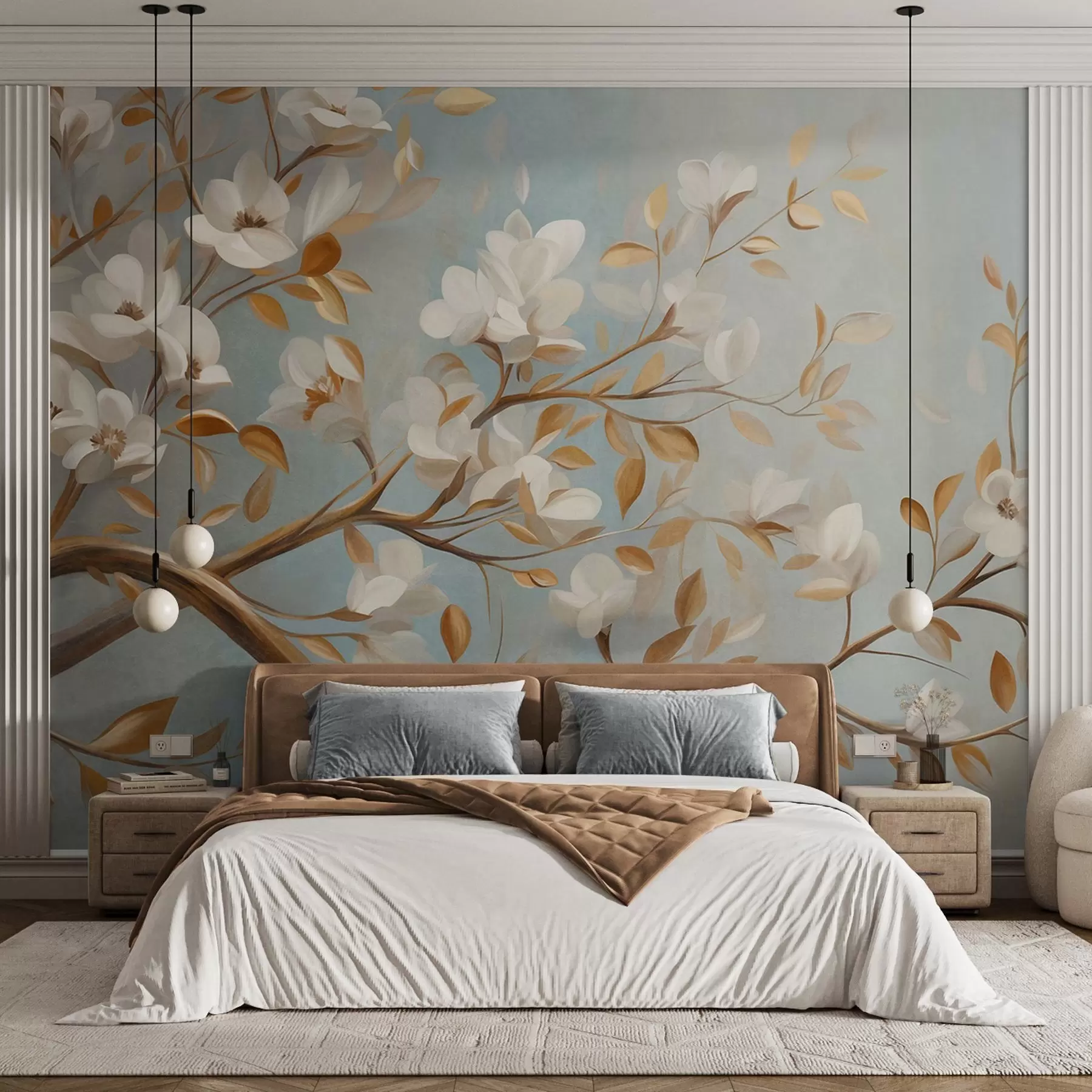 wall murals Текстурирана грана дрвета са белим цвећем и жутим листовима, винтаге стил w09814