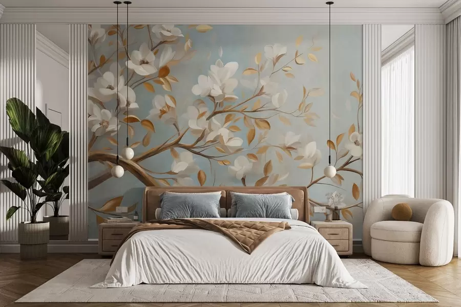 wall murals Текстурирана грана дрвета са белим цвећем и жутим листовима, винтаге стил w09814