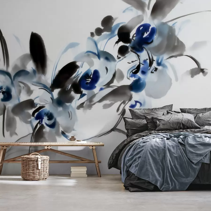 wall murals Легантско апстрактно цвеће у оријенталном акварел стилу са плавим и црним акцентима, орхидеје w09797