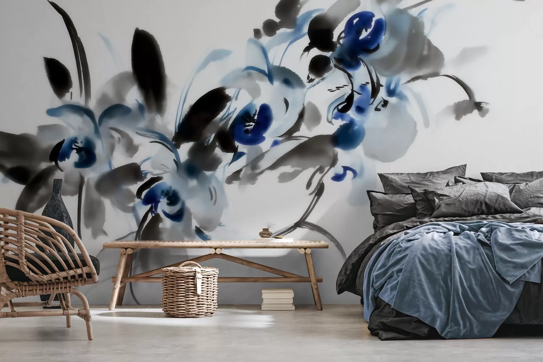 wall murals Легантско апстрактно цвеће у оријенталном акварел стилу са плавим и црним акцентима, орхидеје w09797