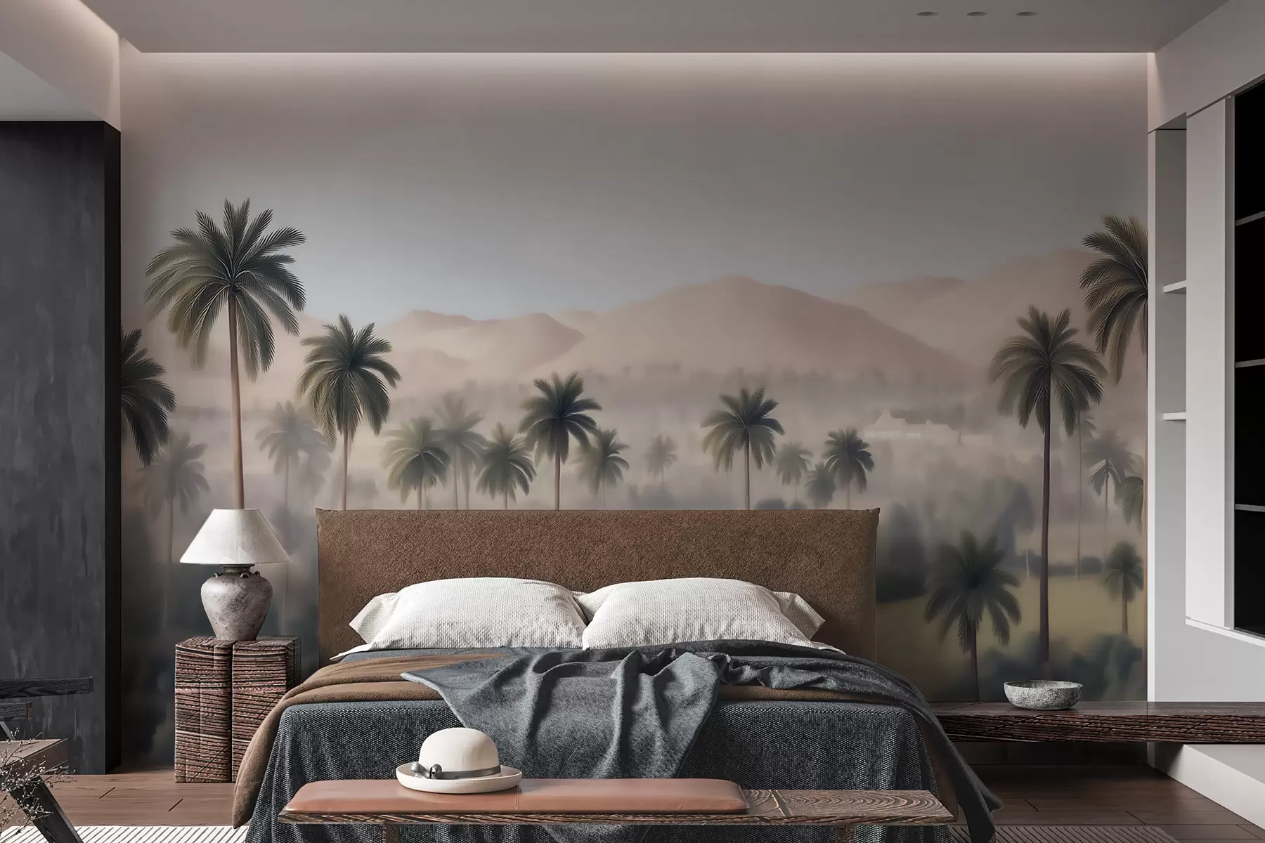 wall murals Тропски пејзаж са палмама и планинама, винтаге панорама у беж и зеленим тоновима w09798