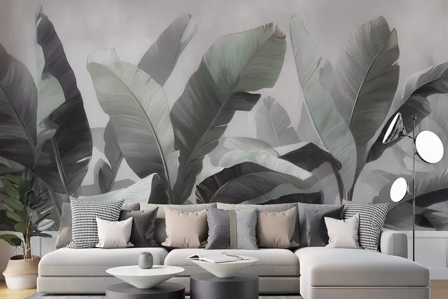 wall murals Апстрактни тропски велики листови банане у неутралној палети са меким сиво-зеленим тоновима w09805