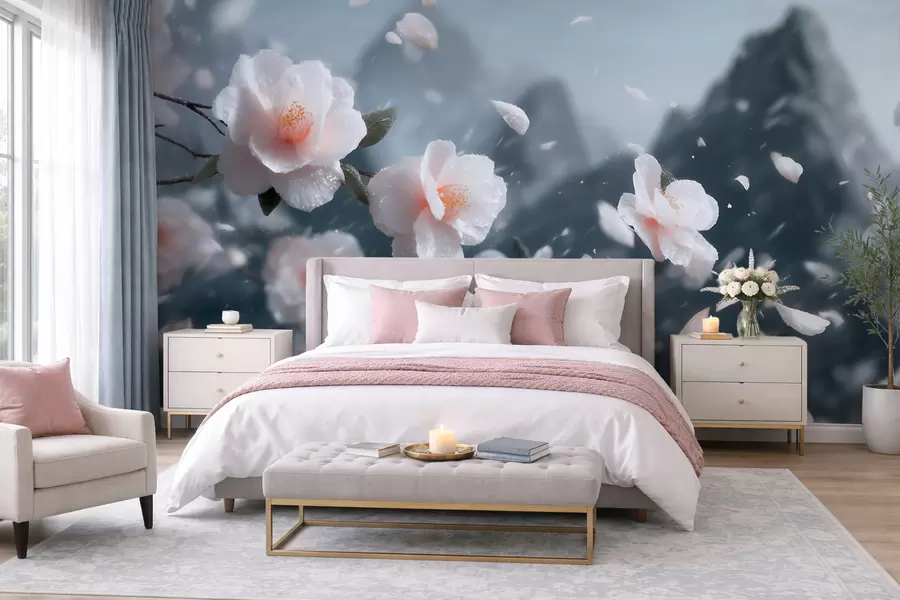 wall murals Нежни цветови трешње на планинском пољу, атмосферски јапански пејзаж у пастелним тоновима w09808