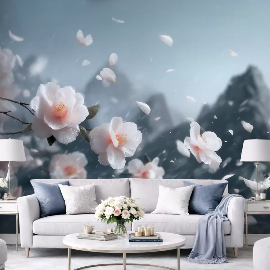 wall murals Нежни цветови трешње на планинском пољу, атмосферски јапански пејзаж у пастелним тоновима w09808